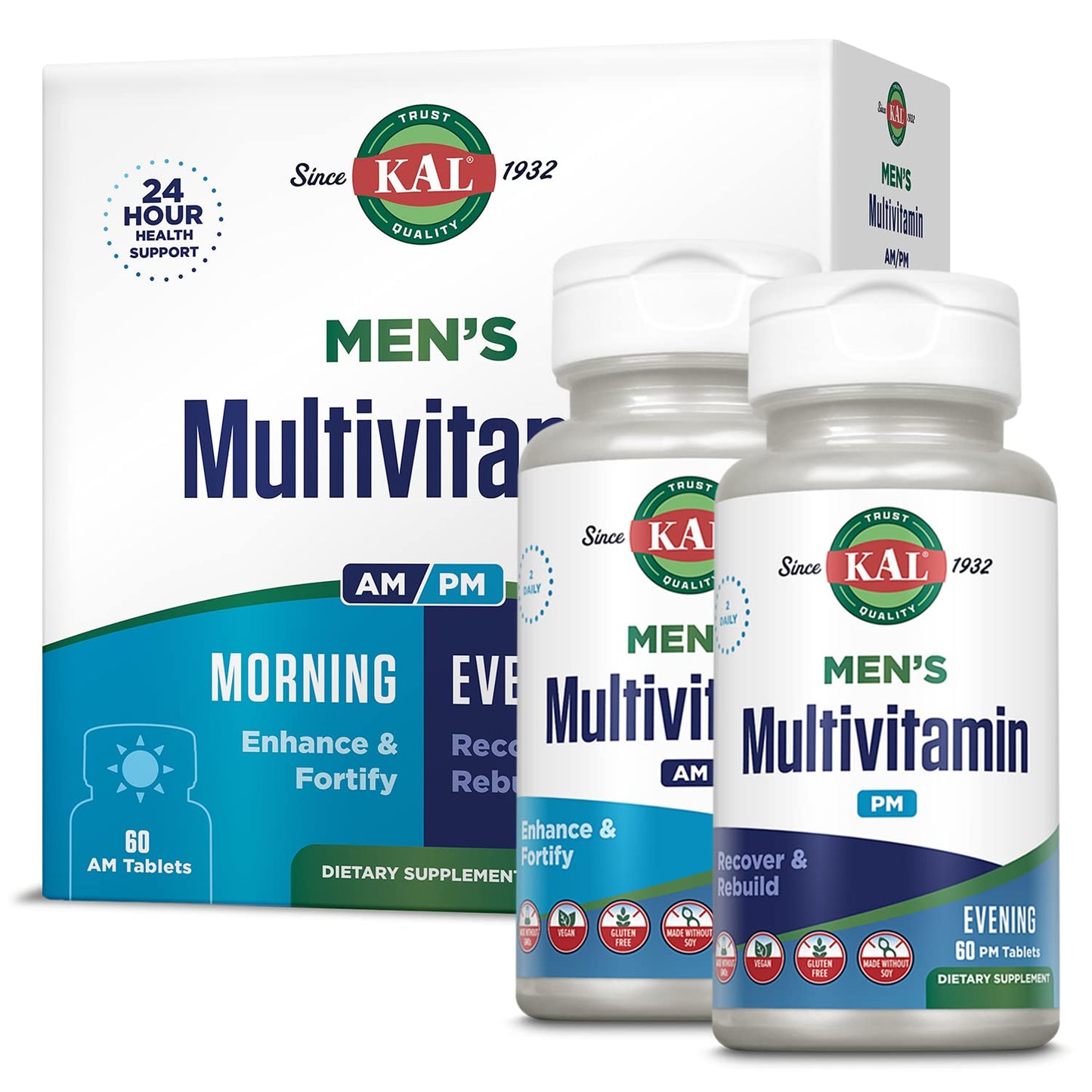 KAL Men's Multivitamin AM/PM – 24-Hour Support for Immune, Muscle & Wellness | 30 Servings, 120 Tablets