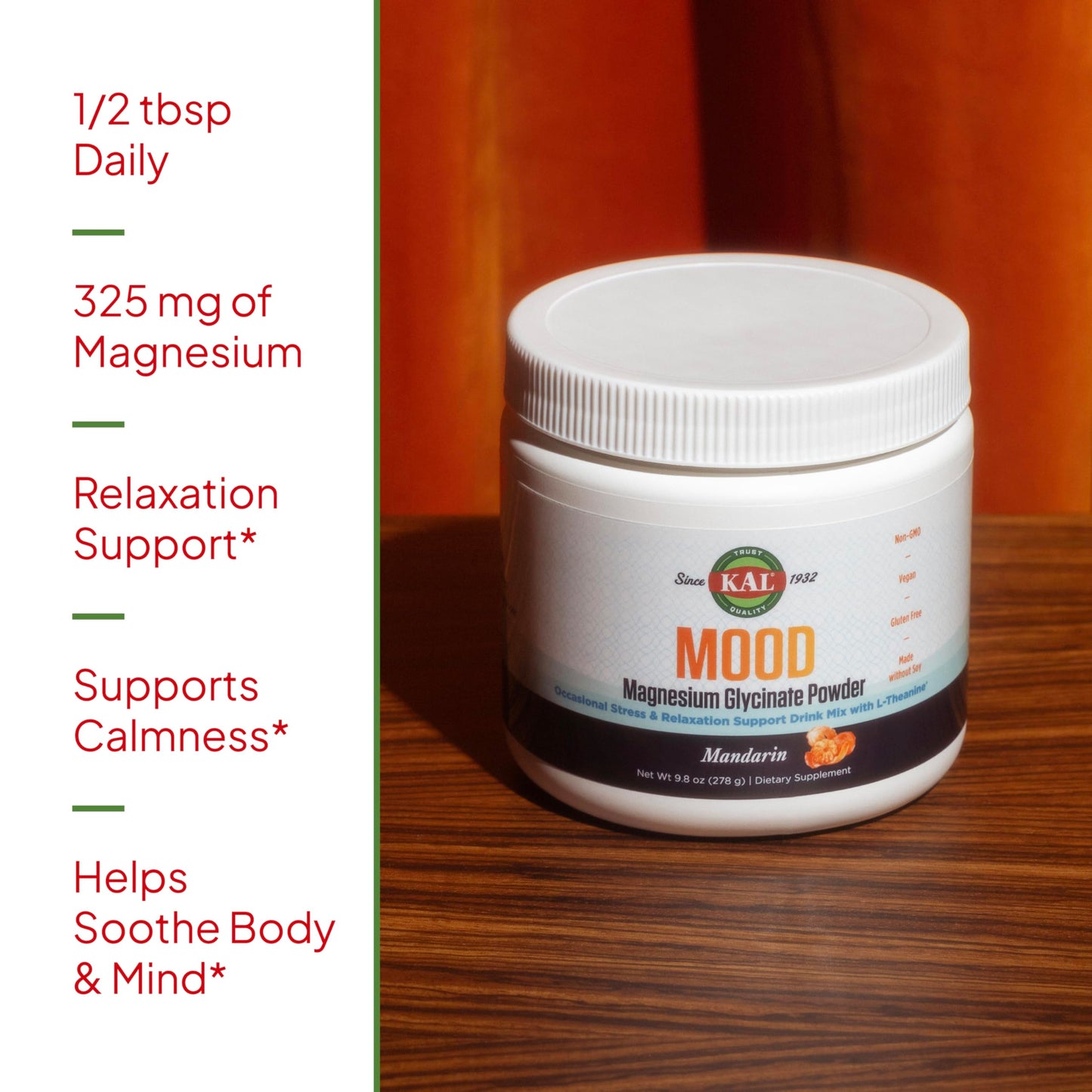 KAL Mood Magnesium Powder with L-Theanine – Mandarin Flavor | Relaxation & High Absorption (40 Servings, 9.8 oz)