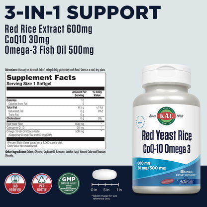 KAL Red Yeast Rice COQ10 Omega 3, 60 Count – Soft Gels