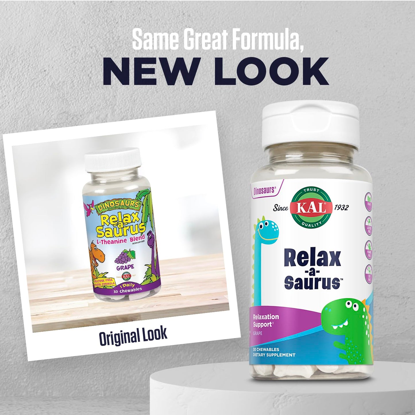 KAL Relax-a-Saurus: Stress Support for Kids – L-Theanine, Herbal Calm, Grape Flavor, 30 Chewables