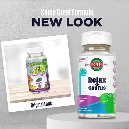 KAL Relax-a-Saurus: Stress Support for Kids – L-Theanine, Herbal Calm, Grape Flavor, 30 Chewables