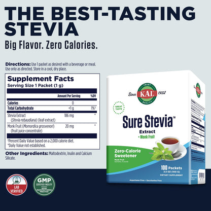 KAL Sure Stevia Plus Monk Fruit - Zero-Calorie Keto Sugar Substitute