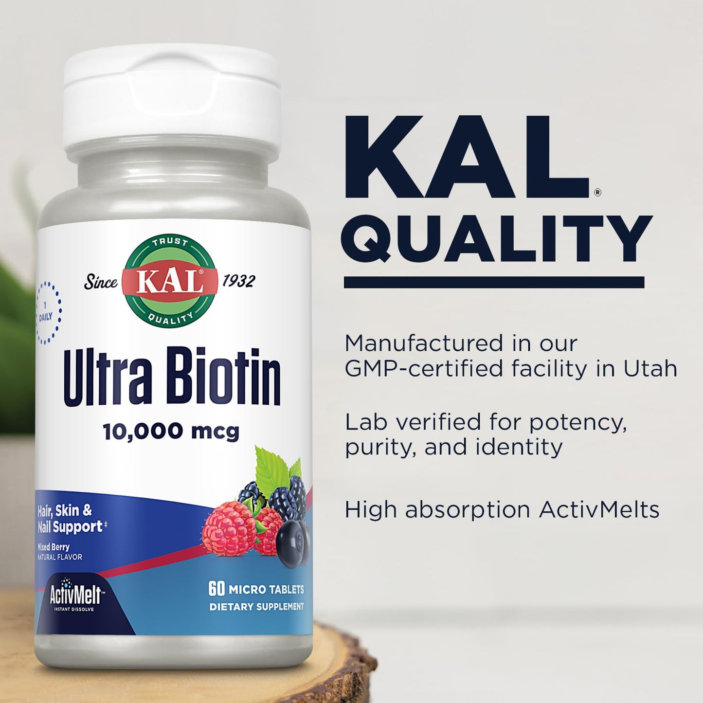 KAL Ultra Biotin 10000mcg ActivMelt – Hair, Skin, Nails Vitamin B7 | 60 Servings
