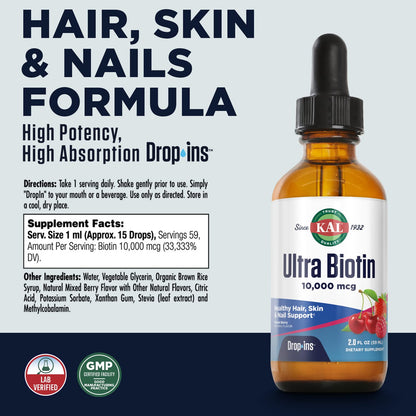 KAL Ultra Biotin 10000mcg DropIns – Liquid Biotin for Hair & Nails, 2oz