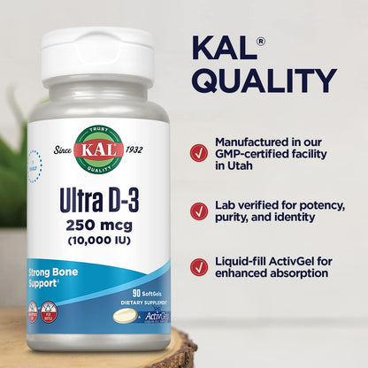 KAL Ultra Vitamin D3 10000 IU Softgels – High Potency, Bone Health & Immune Support (90 Softgels)