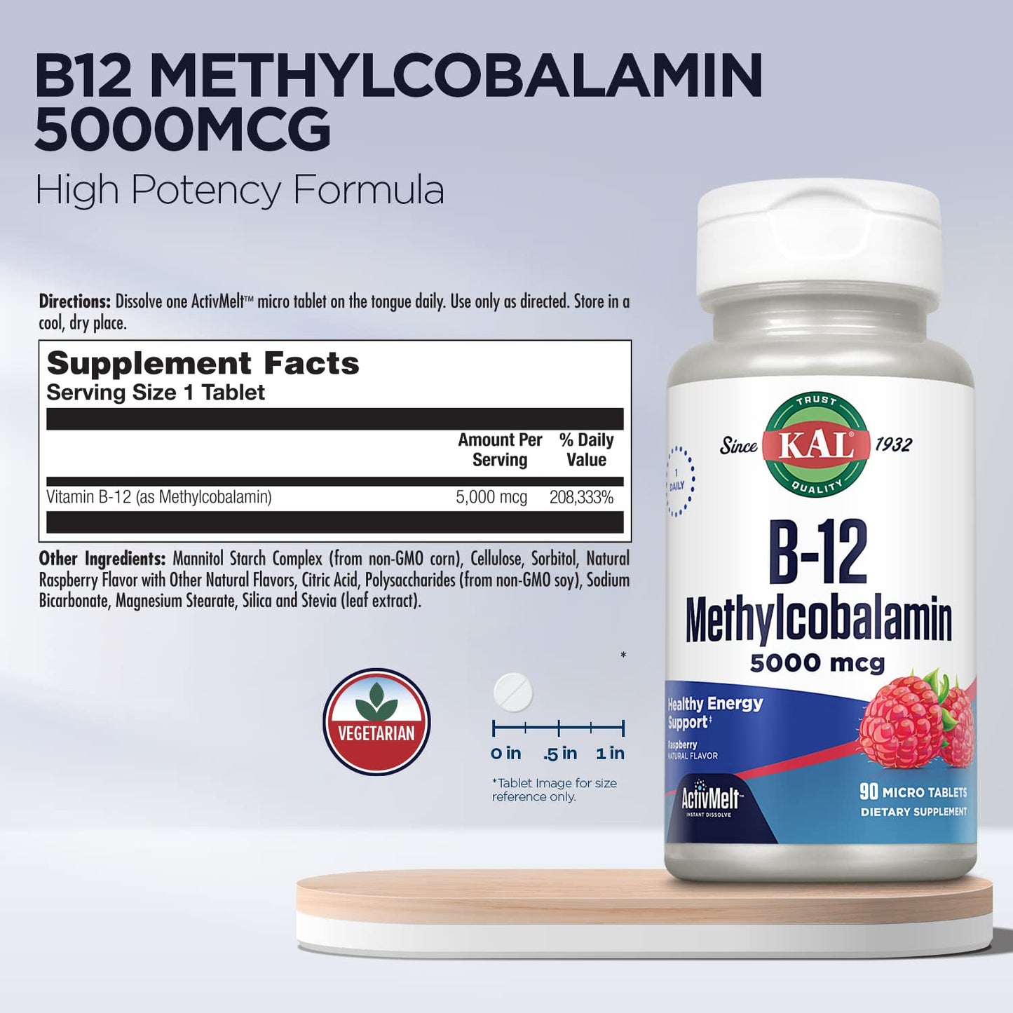 KAL Vitamin B12 Methylcobalamin 5000mcg | ActivMelt Fast-Dissolve, Raspberry Flavor, 90 Servings