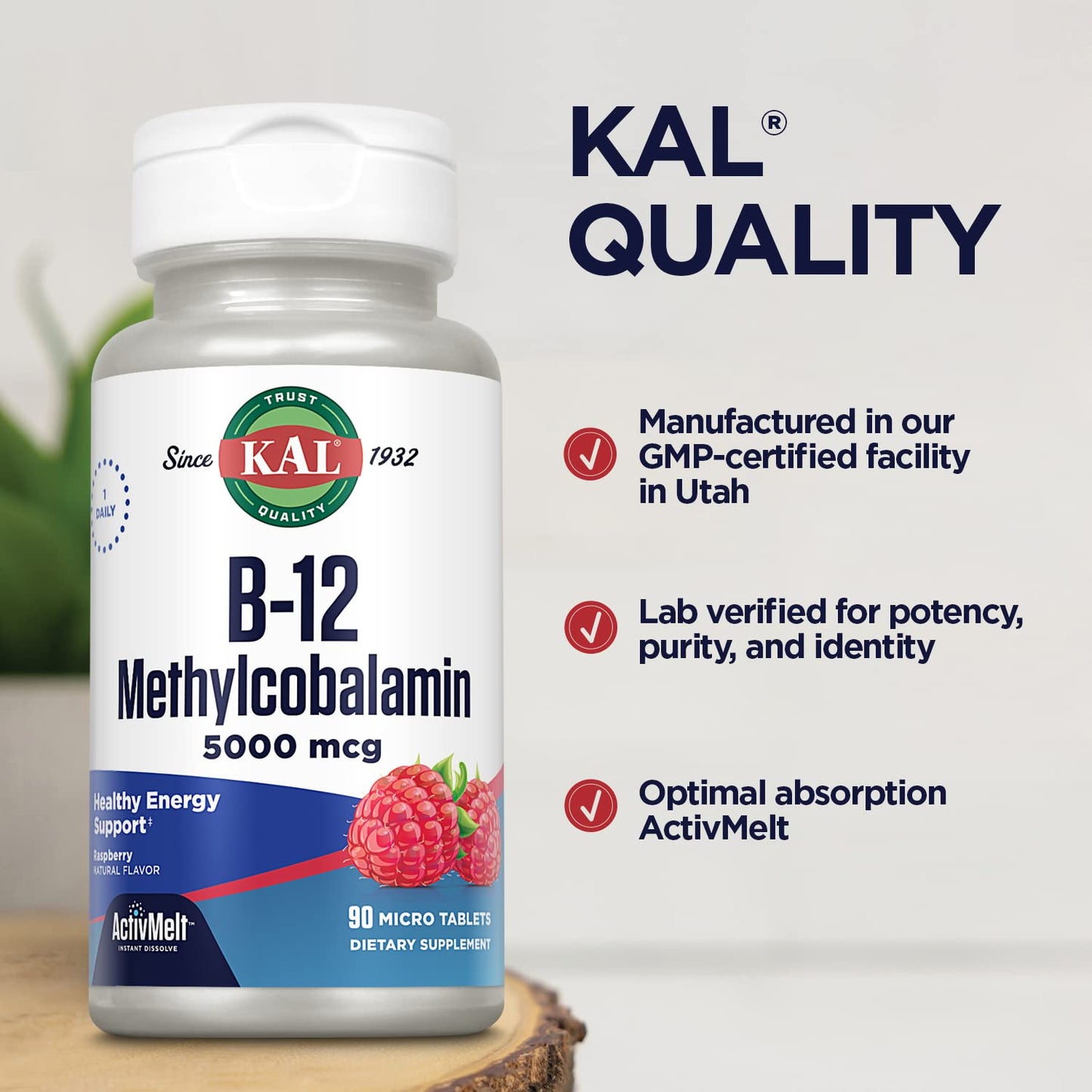 KAL Vitamin B12 Methylcobalamin 5000mcg | ActivMelt Fast-Dissolve, Raspberry Flavor, 90 Servings