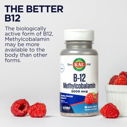 KAL Vitamin B12 Methylcobalamin 5000mcg | ActivMelt Fast-Dissolve, Raspberry Flavor, 90 Servings