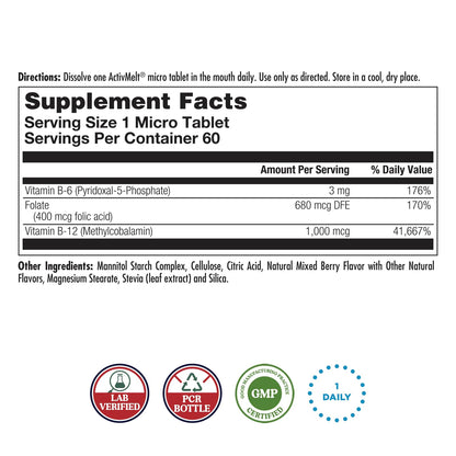 KAL Vitamin B-6, B-12 & Folic Acid – Heart Health & Energy, 60 Servings