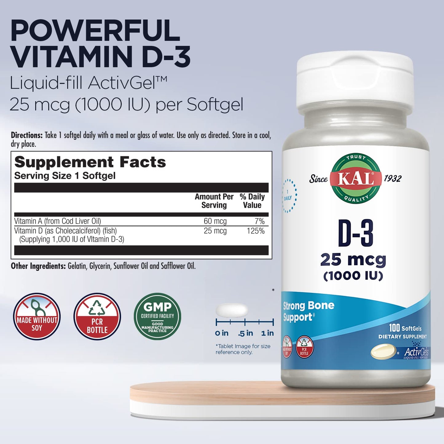 KAL Vitamin D3 1000 IU Softgels (25 mcg) – Immune Support, Calcium Absorption, ActivGel