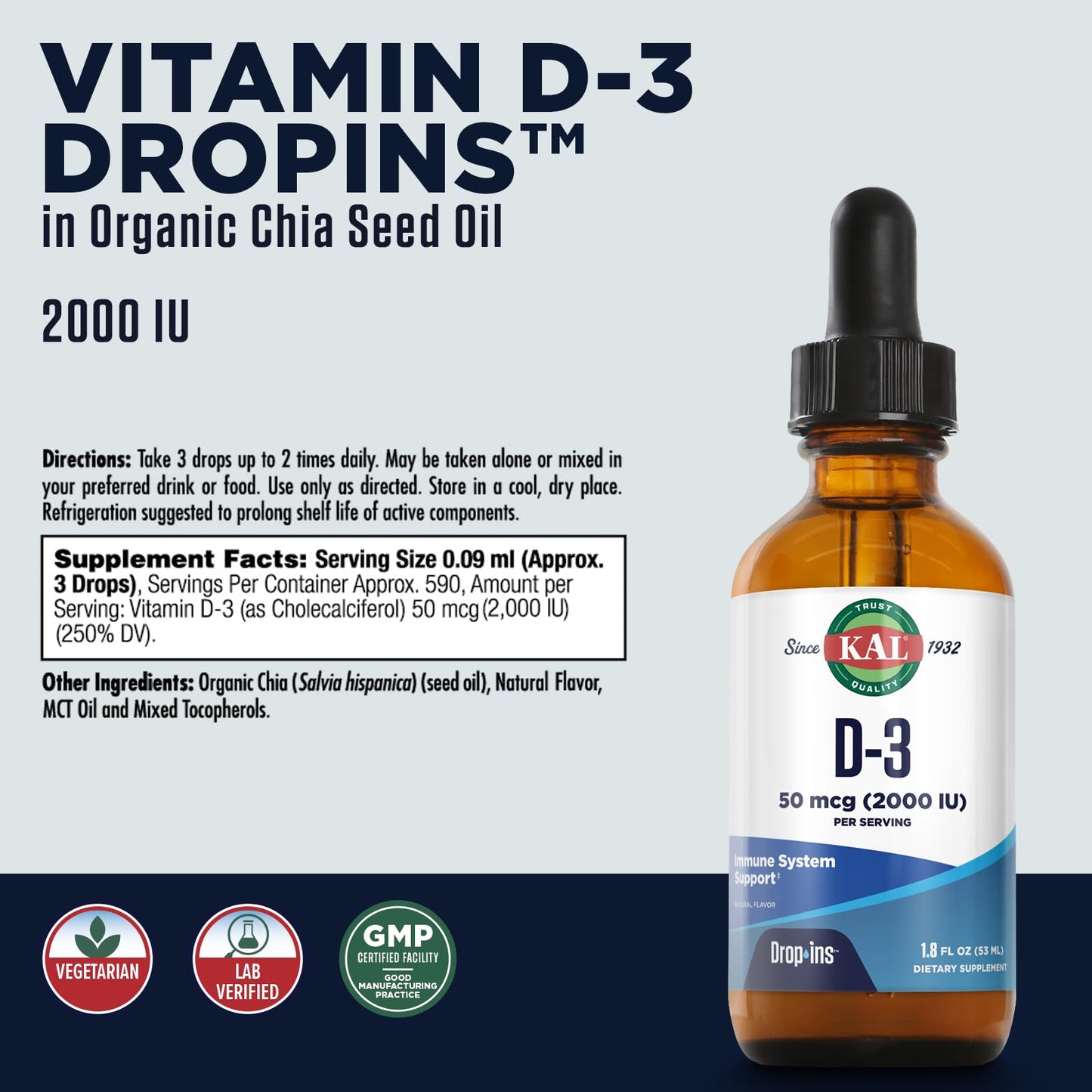 KAL Vitamin D3 2000 IU (50 mcg) Drops – 1.8oz, ~590 Servings, Vegetarian