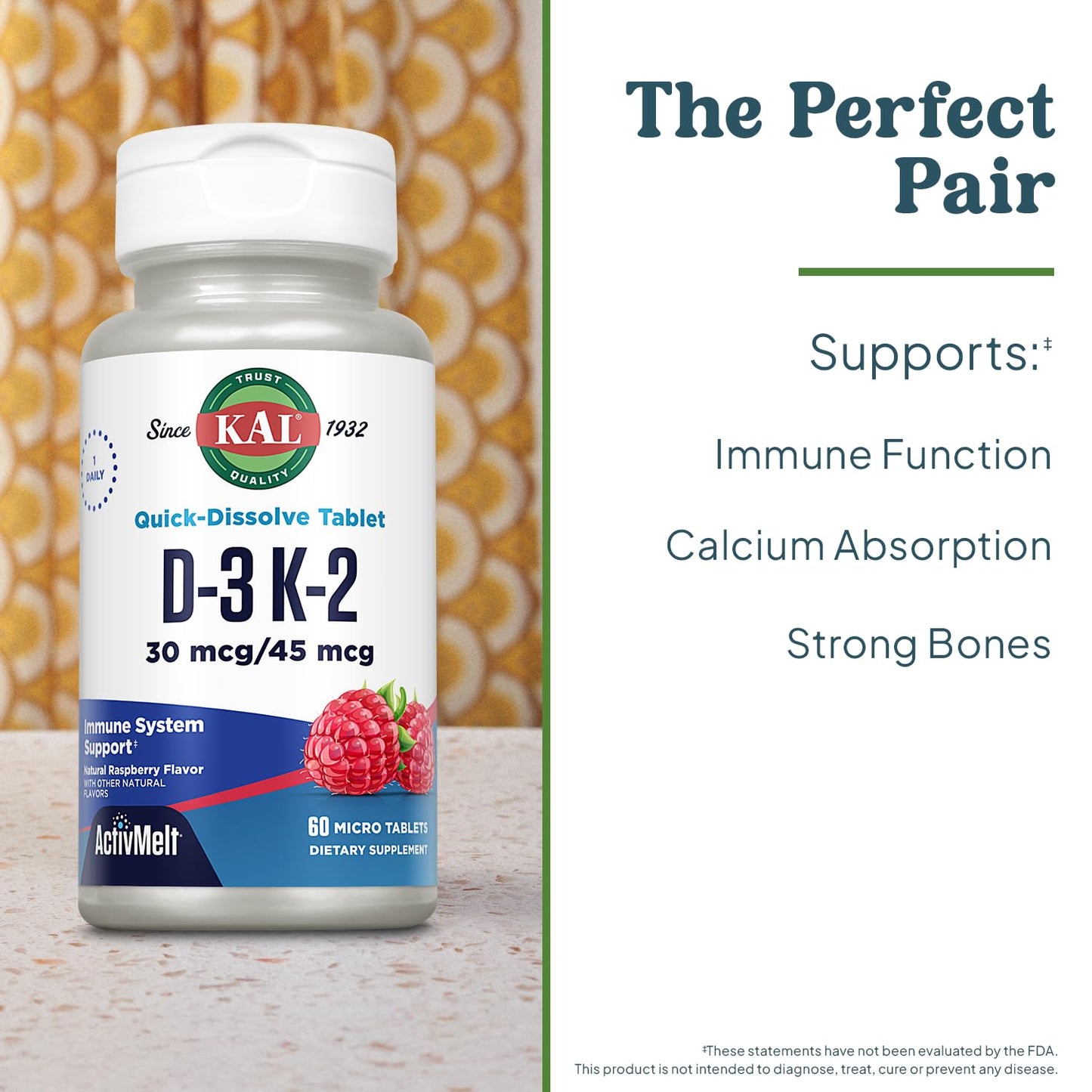 KAL Vitamin D3 K2 ActivMelts – Immune Support, Calcium Absorption, 60 Servings