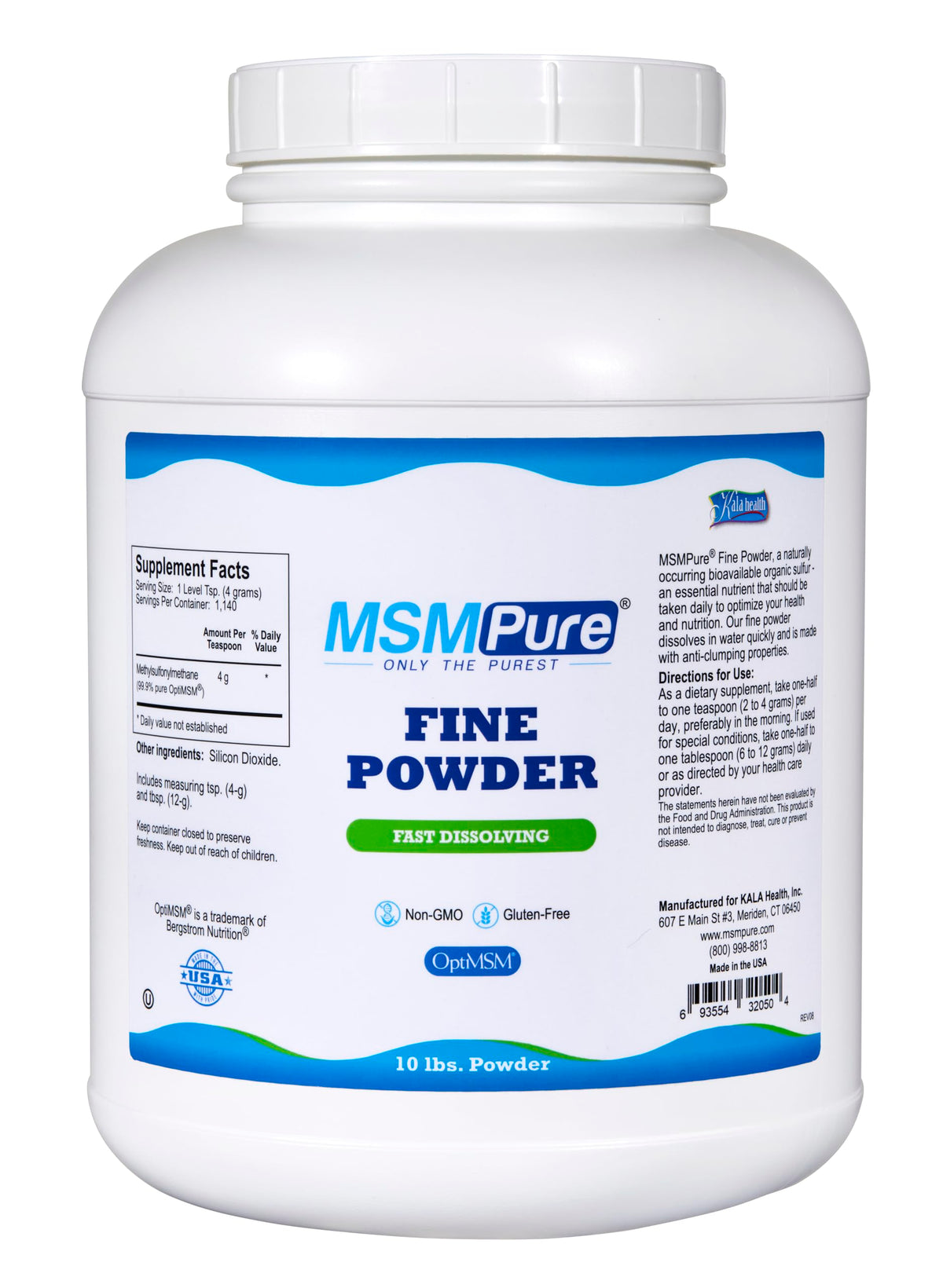 KALA HEALTH MSMPure Fast Dissolving MSM Powder – USA-Made Organic Sulfur for Joints, Skin, Hair & Nails – 10 lb