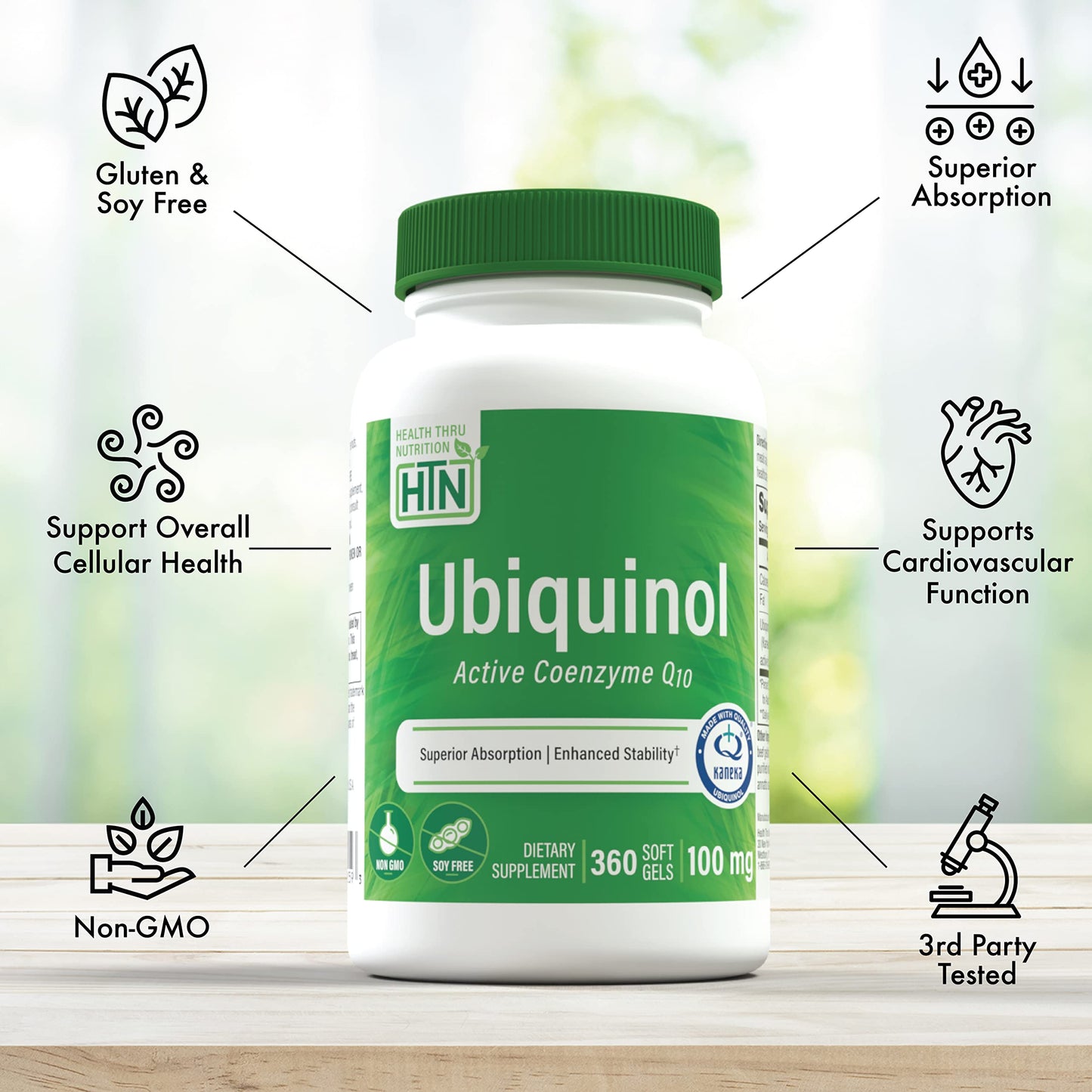 Health Thru Nutrition Ubiquinol 100mg 360 Softgels – Kaneka QH Reduced CoQ-10 | Enhanced Bioavailability | Non-GMO