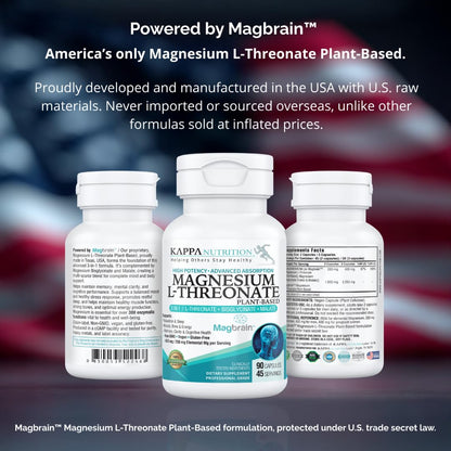 Kappa Nutrition Magbrain Magnesium L-Threonate – 420 mg Elemental Magnesium (3-Capsule Serving) | Plant-Based, 90 Vegan Capsules, Brain & Sleep Support