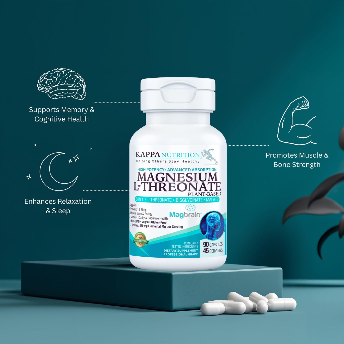 Kappa Nutrition Magbrain Magnesium L-Threonate – 420 mg Elemental Magnesium (3-Capsule Serving) | Plant-Based, 90 Vegan Capsules, Brain & Sleep Support