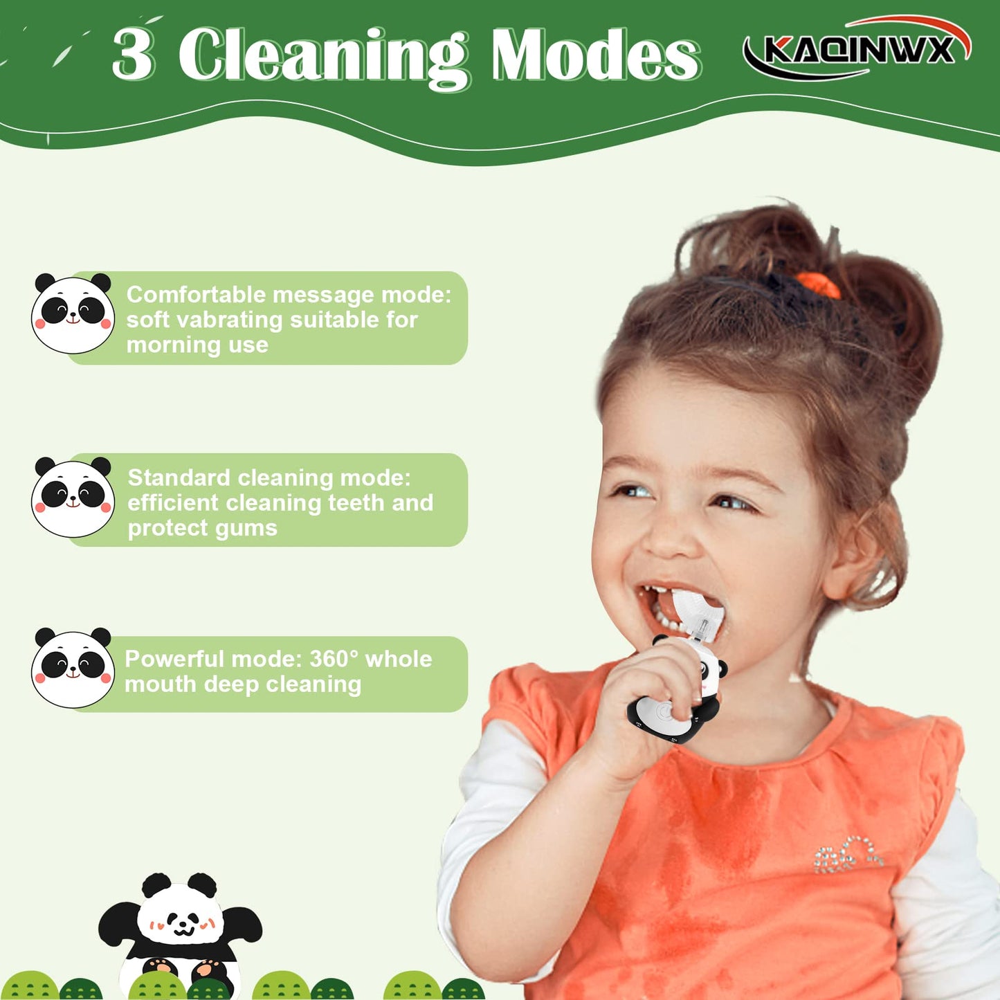 KAQINWX Kids U Shaped Electric Toothbrush – Panda Design, 3 Modes, 60s Timer, IPX7 Waterproof, Ages 2-12