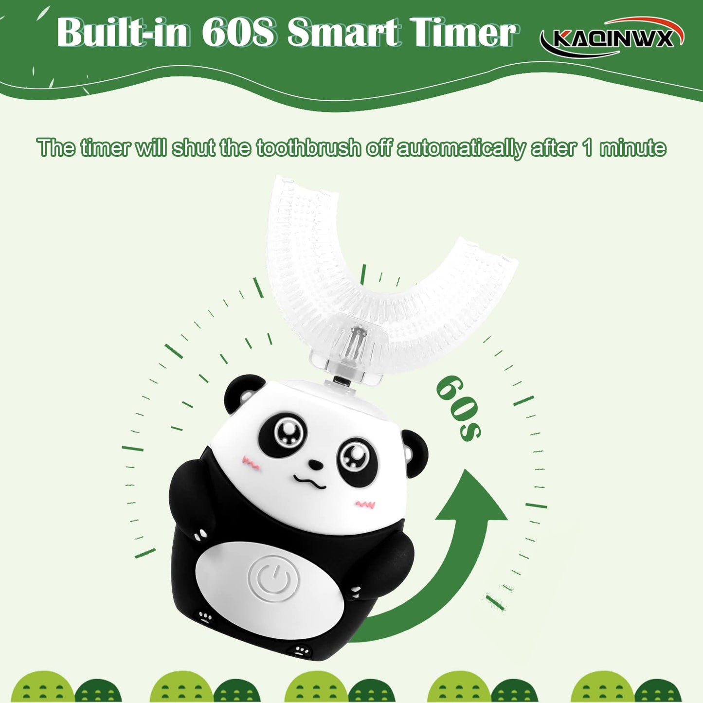 KAQINWX Kids U Shaped Electric Toothbrush – Panda Design, 3 Modes, 60s Timer, IPX7 Waterproof, Ages 2-12