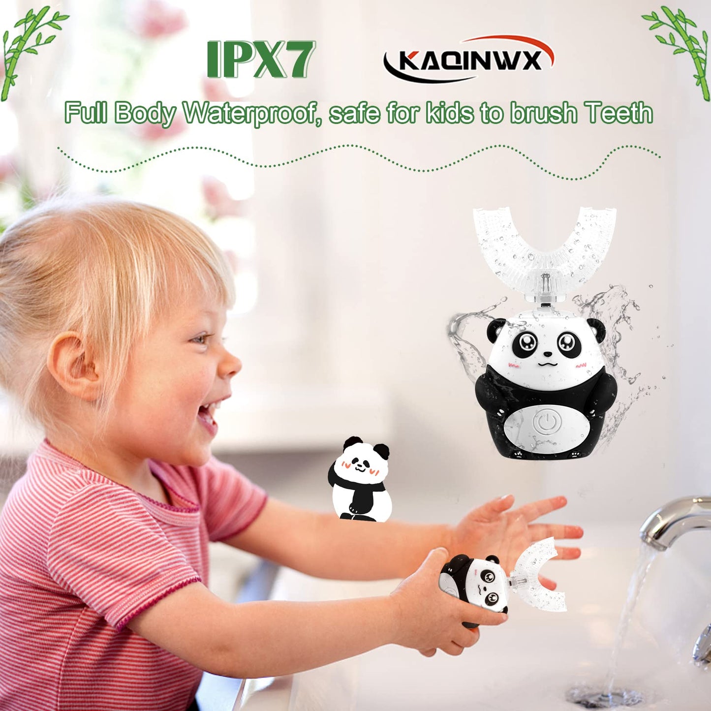 KAQINWX Kids U Shaped Electric Toothbrush – Panda Design, 3 Modes, 60s Timer, IPX7 Waterproof, Ages 2-12