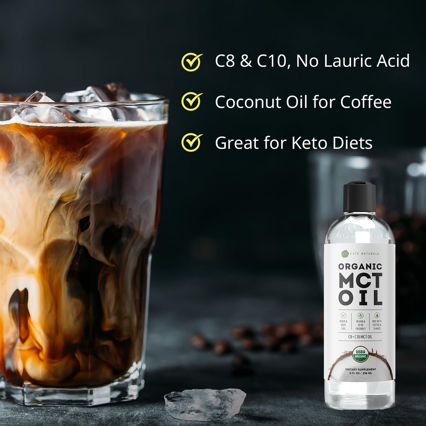 Kate Naturals Organic MCT Oil for Coffee – C8 & C10, 8oz, Unflavored