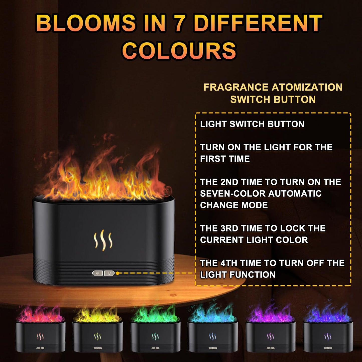 kathluce Flame Humidifier with 7 Colors — Noise-Free Essential Oil Diffuser (Deepblack)