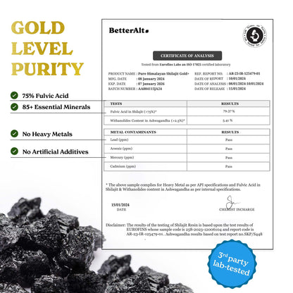 Better Alt Pure Himalayan Shilajit Gold 30g | 600mg Shilajit Blend | 16,000 ft Sourced | Ashwagandha, Safed Musli, Gokshura | Vegan & Lab Tested