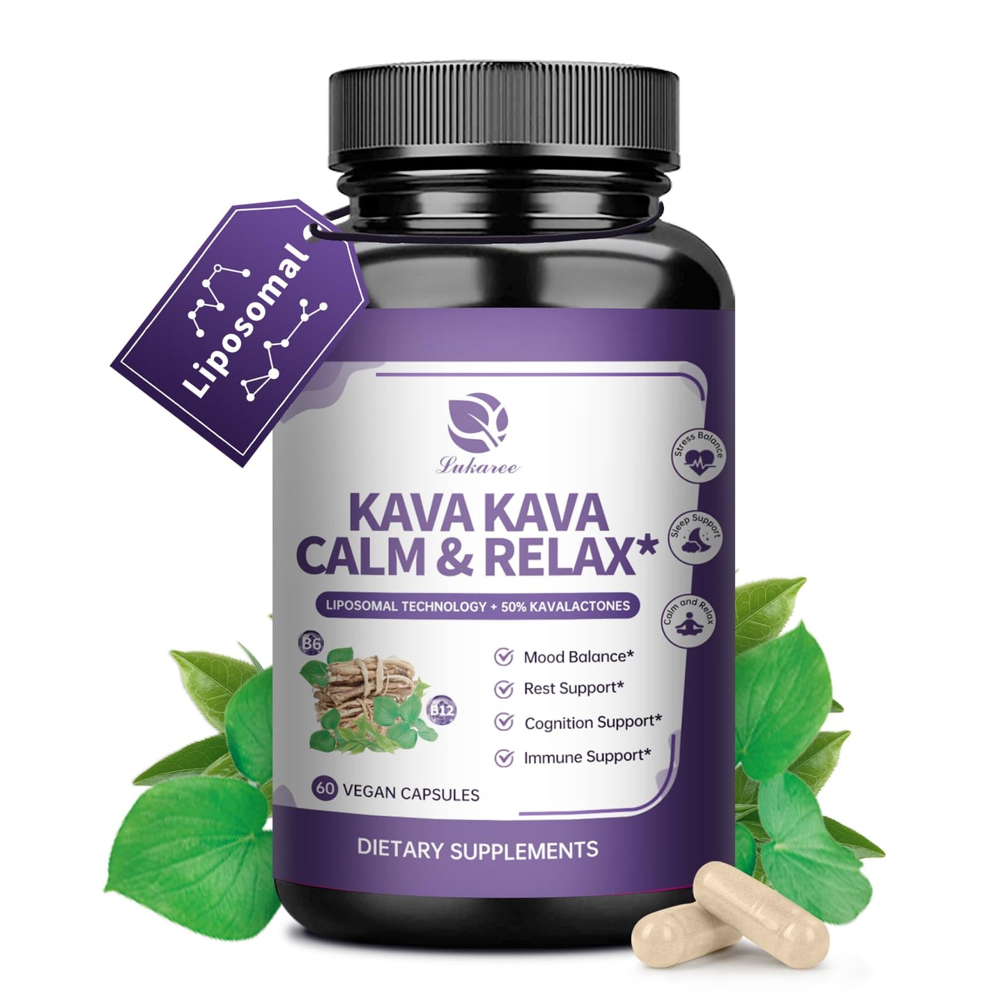 Kava Kava Root Extract - Liposomal Kava + L-Theanine, 50% Kavalactones, Sleep & Mood Support, 60ct
