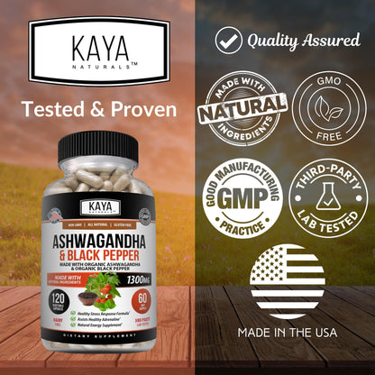 Kaya Naturals Ashwagandha 1300mg – Stress & Adrenal Support (Pack of 2, 240 Capsules)