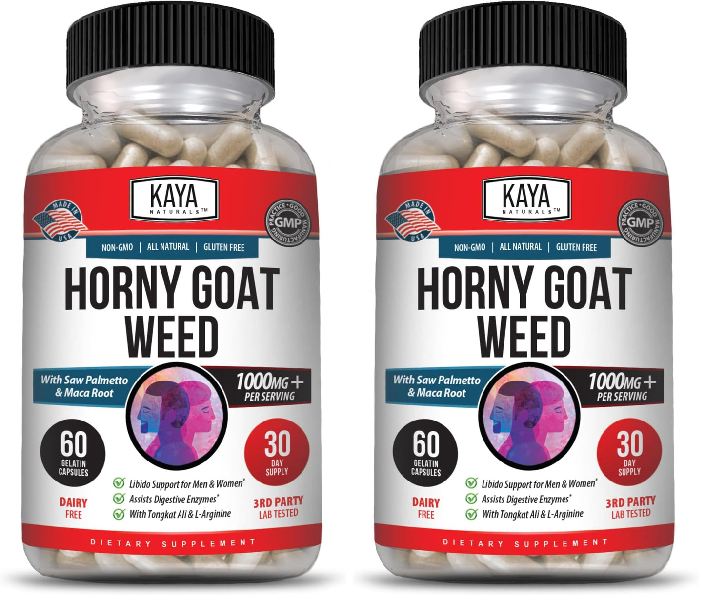 Kaya Naturals Horny Goat Weed Extract with Maca - Saw Palmetto, Ginseng, Arginine - 60 Count (Pack of 2)