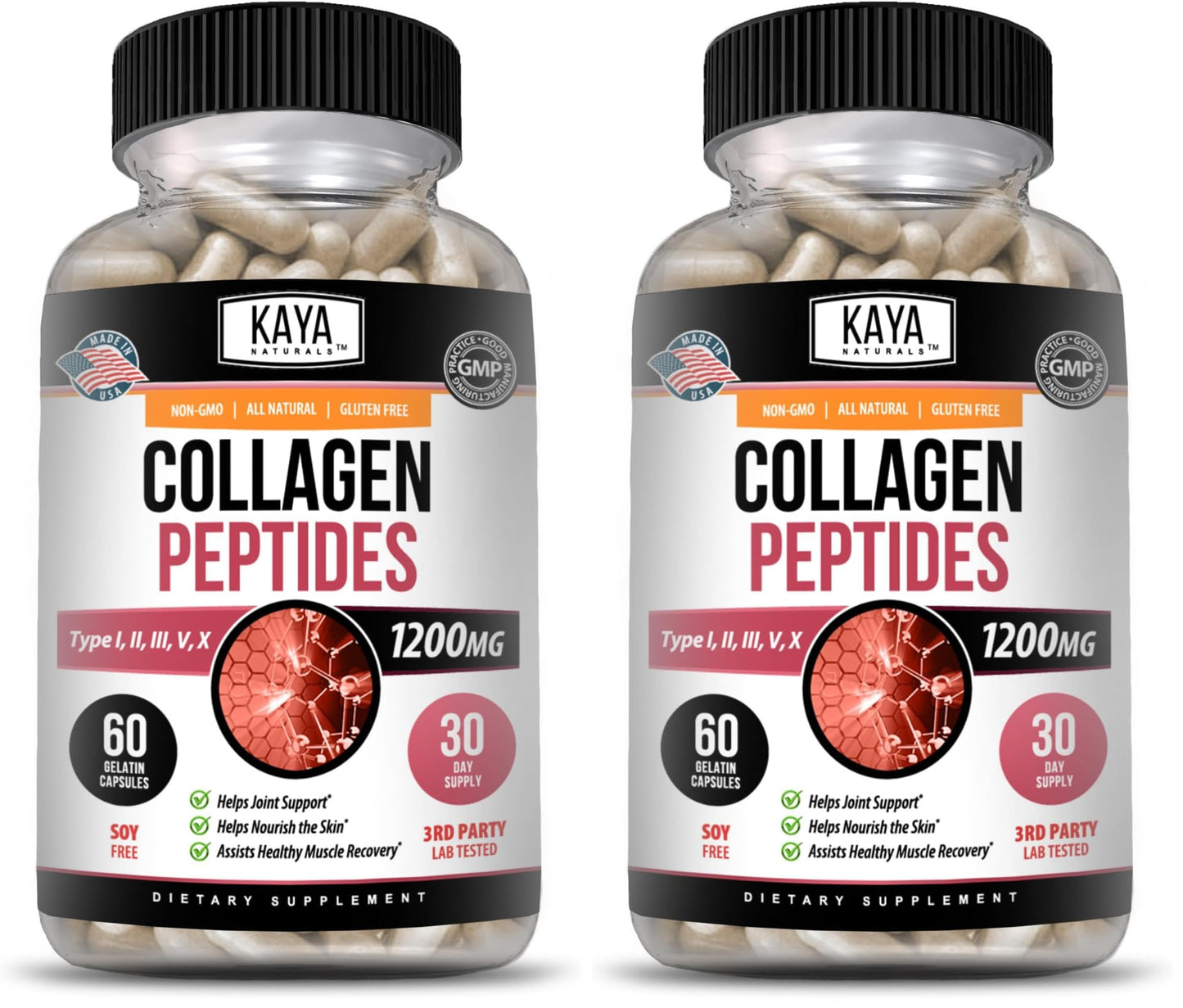 Kaya Naturals Multi Collagen Peptides Complex – Types I, II, III, V & X | 60 Count Capsules (Pack of 2)