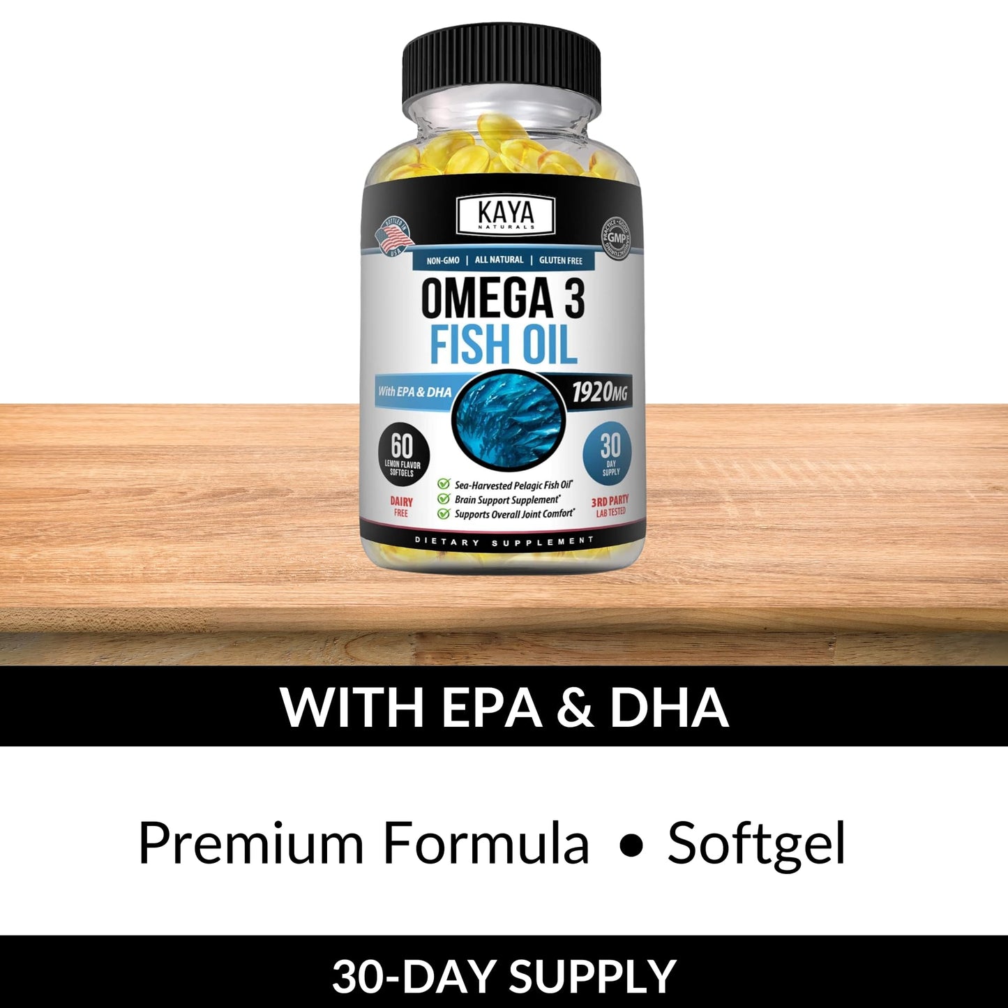 Kaya Naturals Omega-3 Supplement | 60 Softgels | Pure Sea-Harvested Pelagic Fish Oil | No Fishy Aftertaste