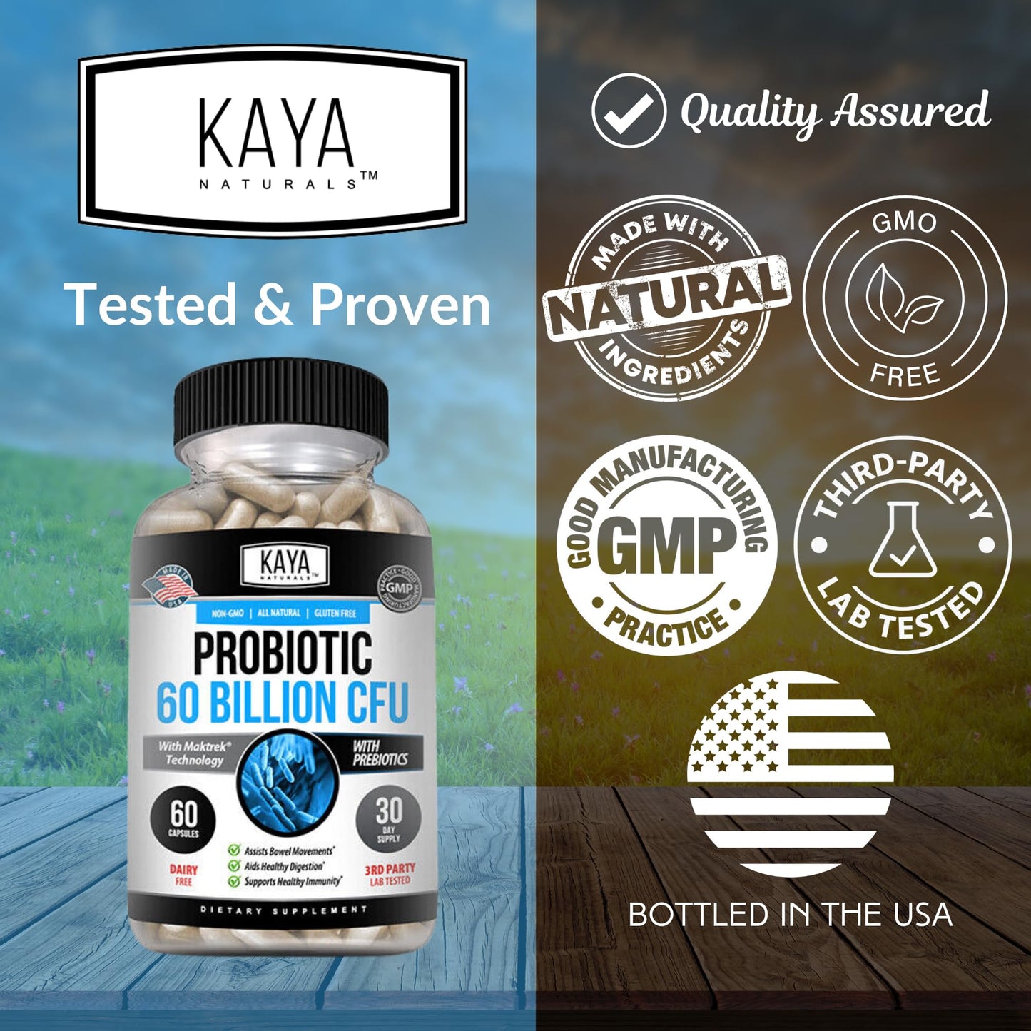 Kaya Naturals Probiotic 60 Billion CFU – Probiotics for Women, Men & Adults | Gut Health & Immune Support | 60 Vegetable Capsules