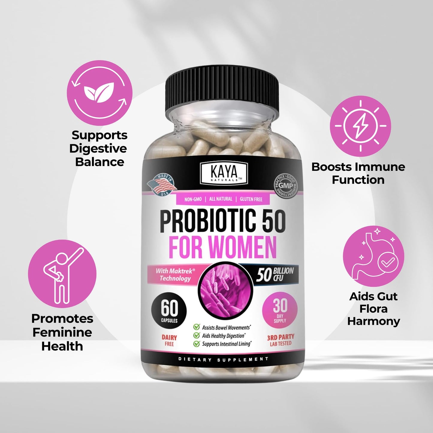 Kaya Naturals Probiotic 50 Billion CFU - Probiotics for Women, Men & Adults | Gut Health & Immune Support - 60 Veg Capsules