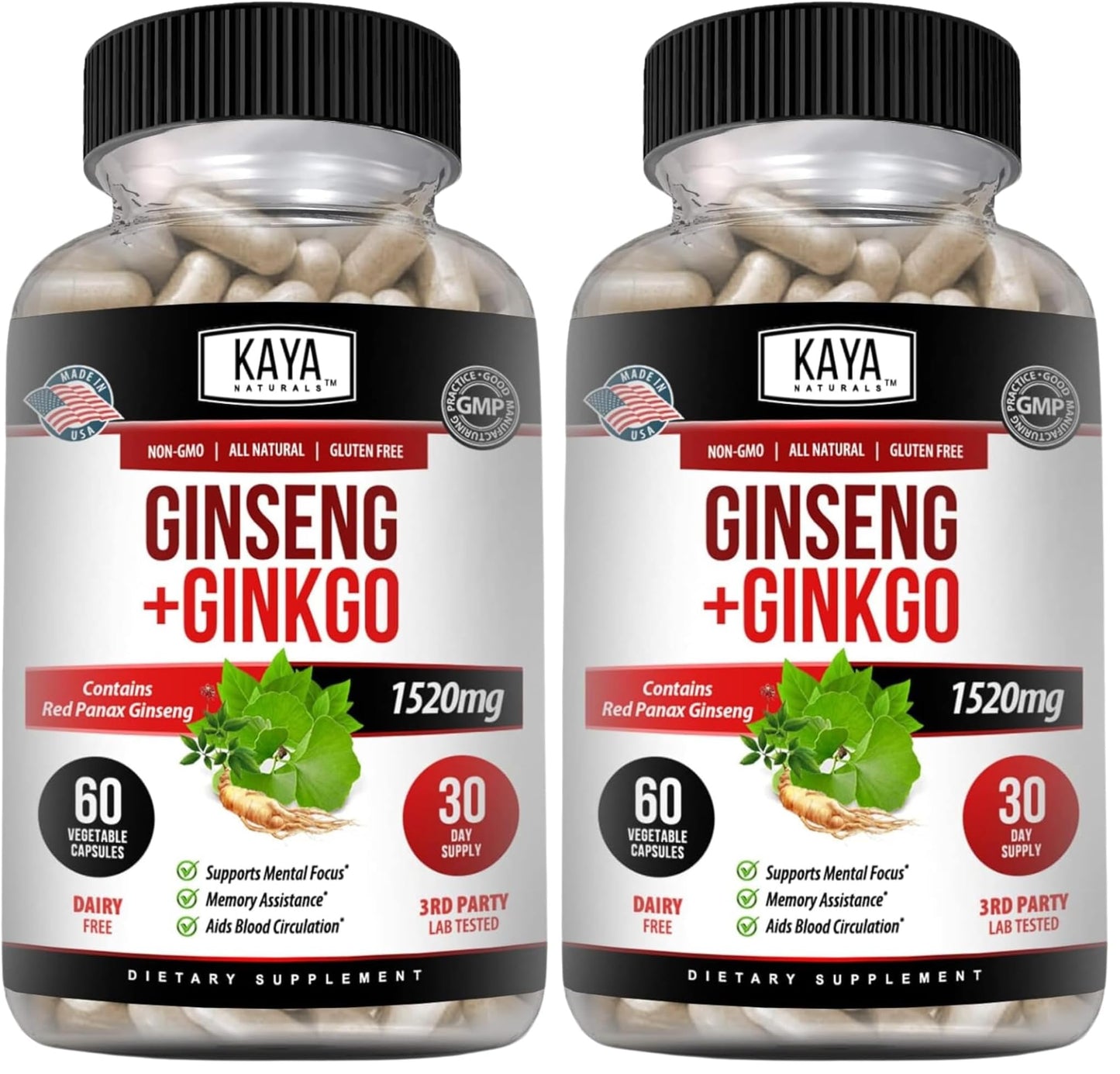 Kaya Naturals Red Panax Ginseng + Ginkgo Biloba – Nootropic Brain Support (2x60)