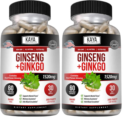 Kaya Naturals Red Panax Ginseng + Ginkgo Biloba – Nootropic Brain Support (2x60)