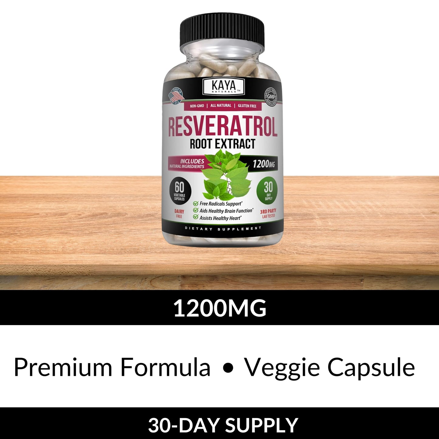 Kaya Naturals Resveratrol Capsules - Anti-Aging Antioxidants with Brain Support | 60 Veggie Capsules per Bottle (Pack of 6)