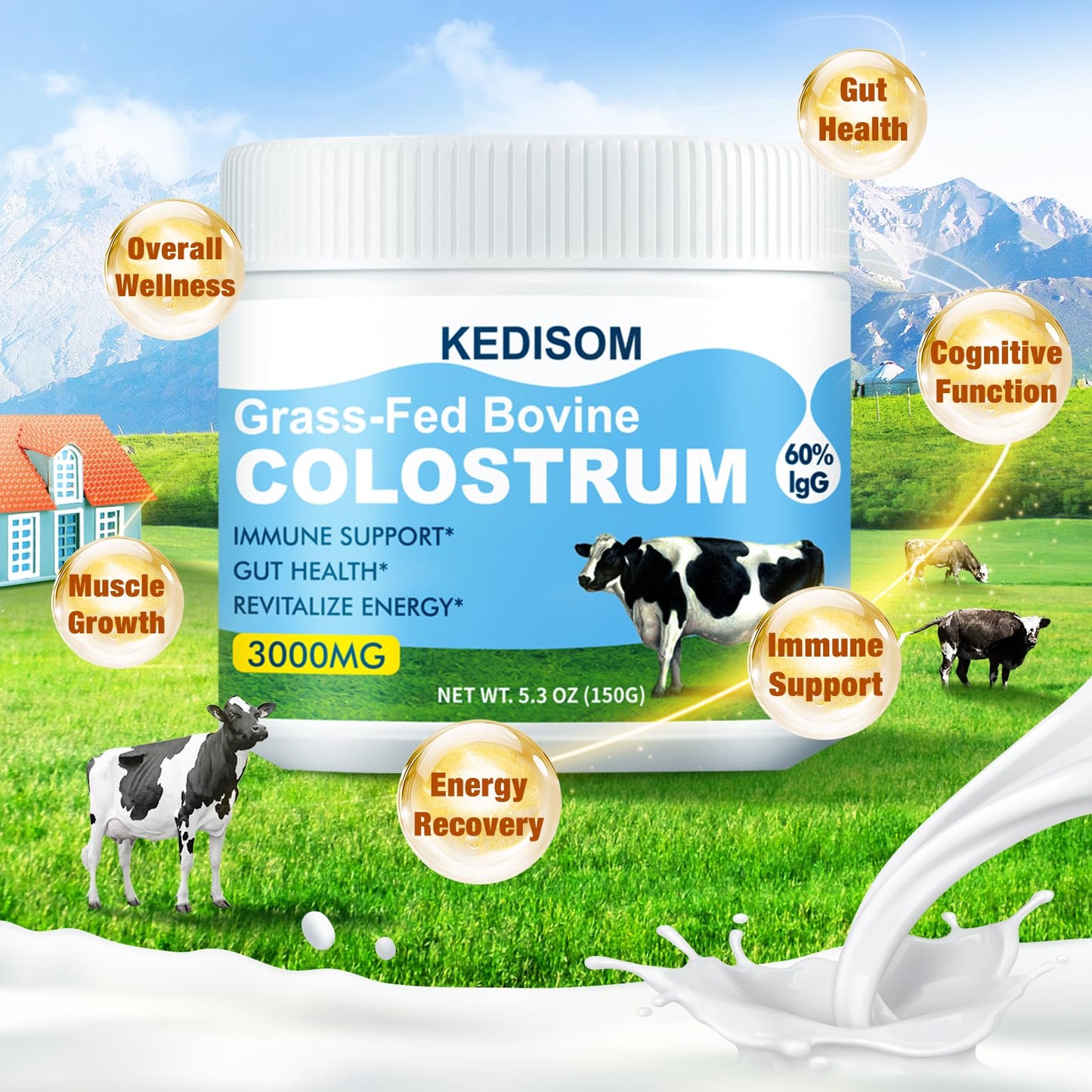 KEDISOM Grass-Fed Bovine Colostrum Powder - 60% IgG, 3000 mg, Gut & Immune Support