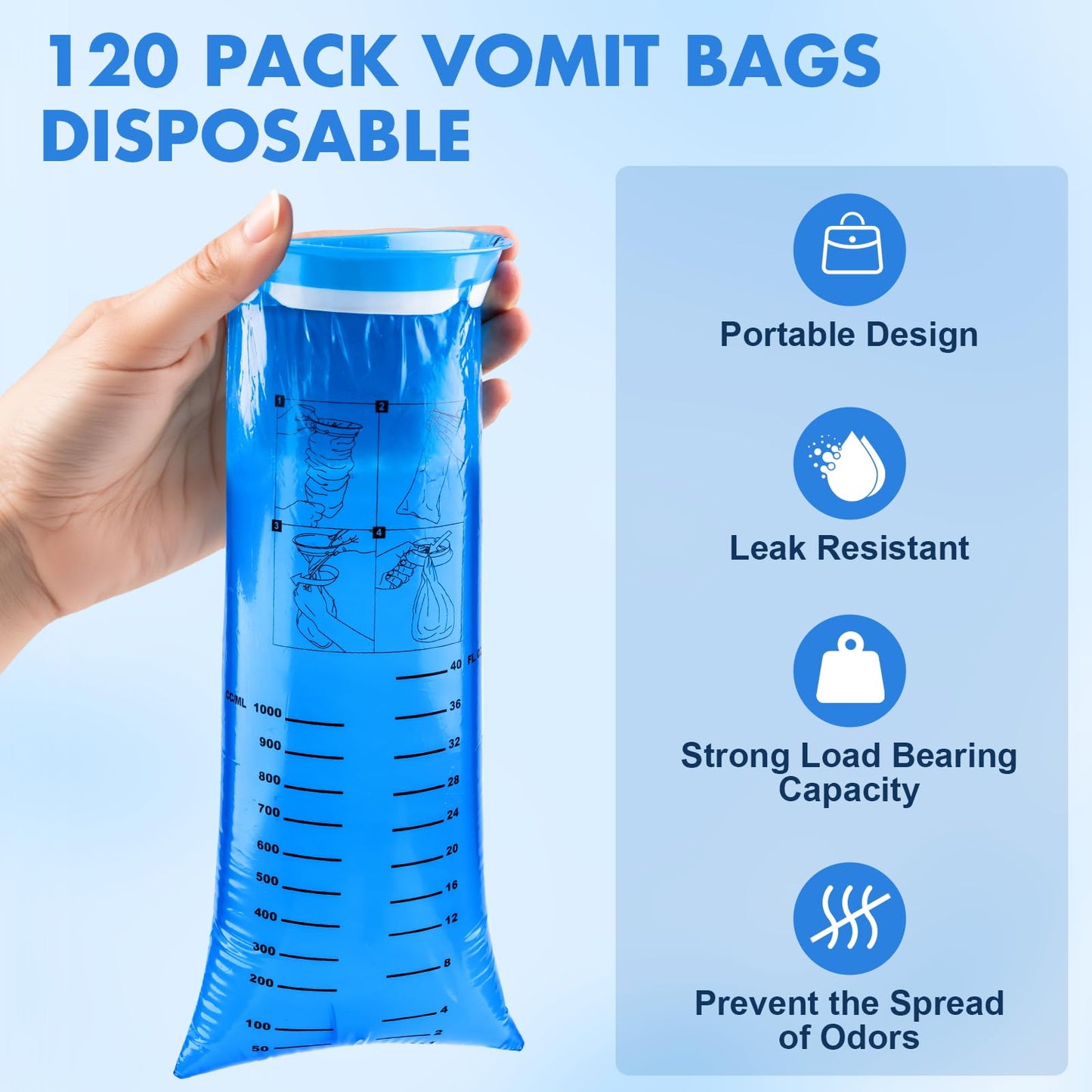 KKEETUR 120 Pack Throw Up Bags – Leak-Proof Emesis Bags for Travel (1000ml)