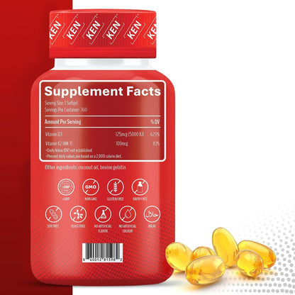 KEN Liposomal Vitamin D3 5000 IU + K2 MK7 100 mcg | Bone Support & Immune Health Softgels