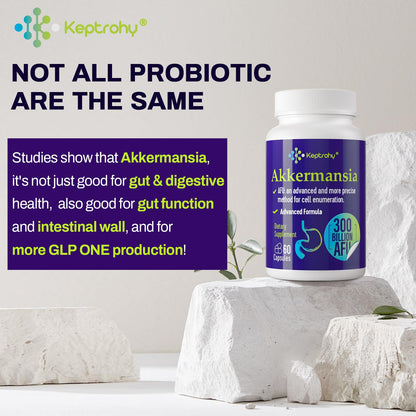 Keptrohy 300 Billion AFU Akkermansia Probiotic for Women & Men, Akkermansia Muciniphila for More GLP ONE Production, Digestive, Gut & Immune, Gut Digestive Lining Function, 60 Count