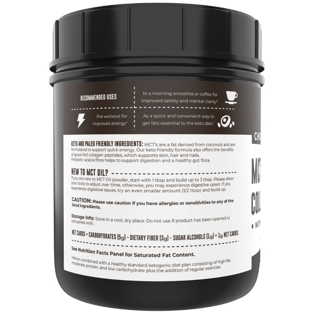Left Coast Performance MCT Oil Powder with Acacia Fiber & Collagen Peptides – Sugar-Free Keto Chocolate Creamer, 16 oz