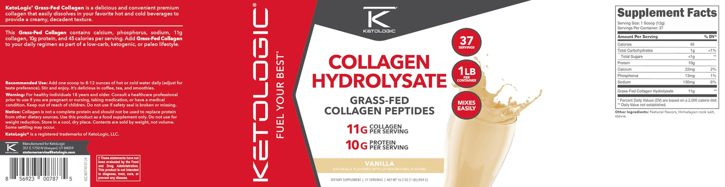 Ketologic Grass-Fed Collagen Hydrolysate Powder (Vanilla) | 1 lb, 37 Servings