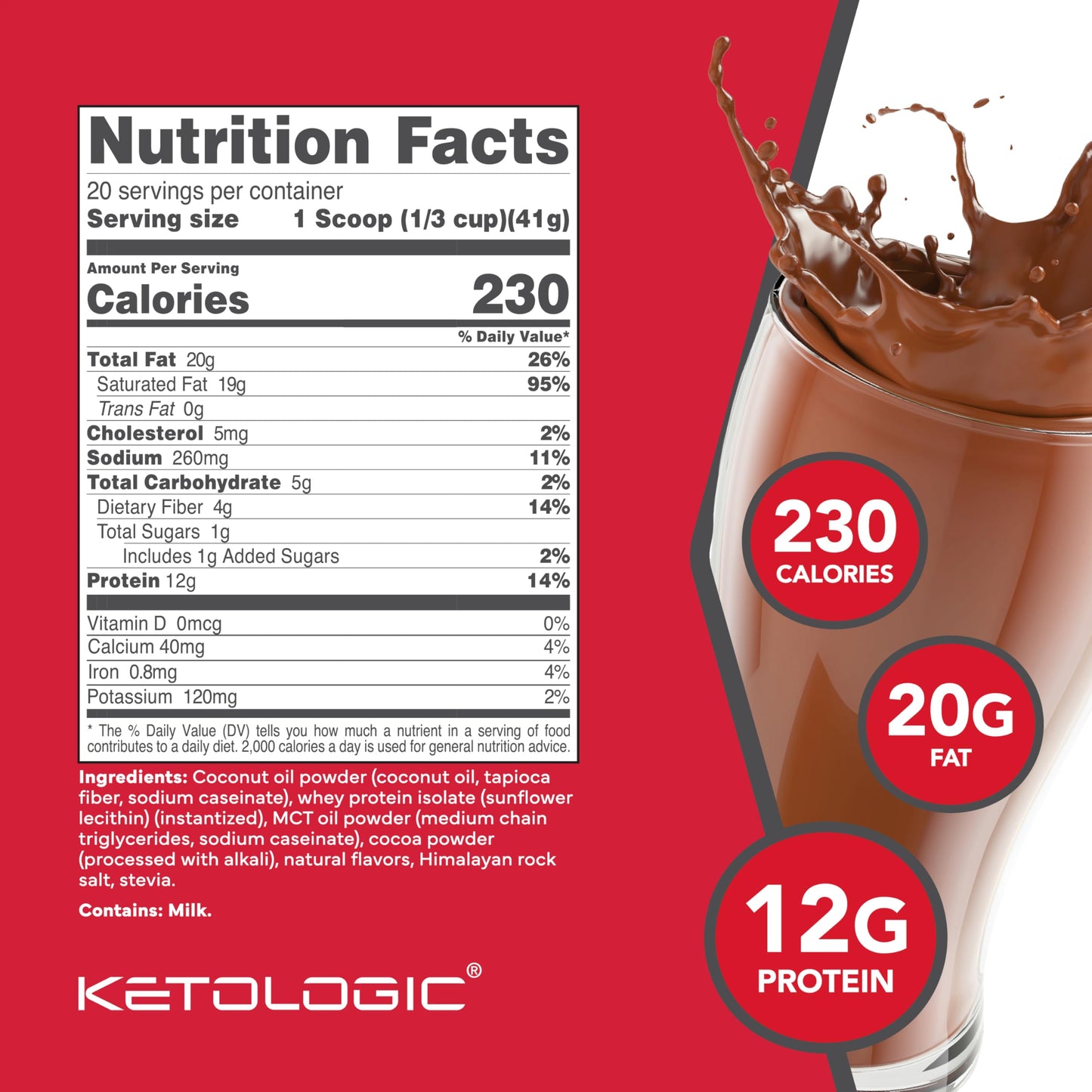KetoLogic KetoMeal Shake with MCT Oil — 70:30 Ketogenic Macros, 20 Servings, Chocolate