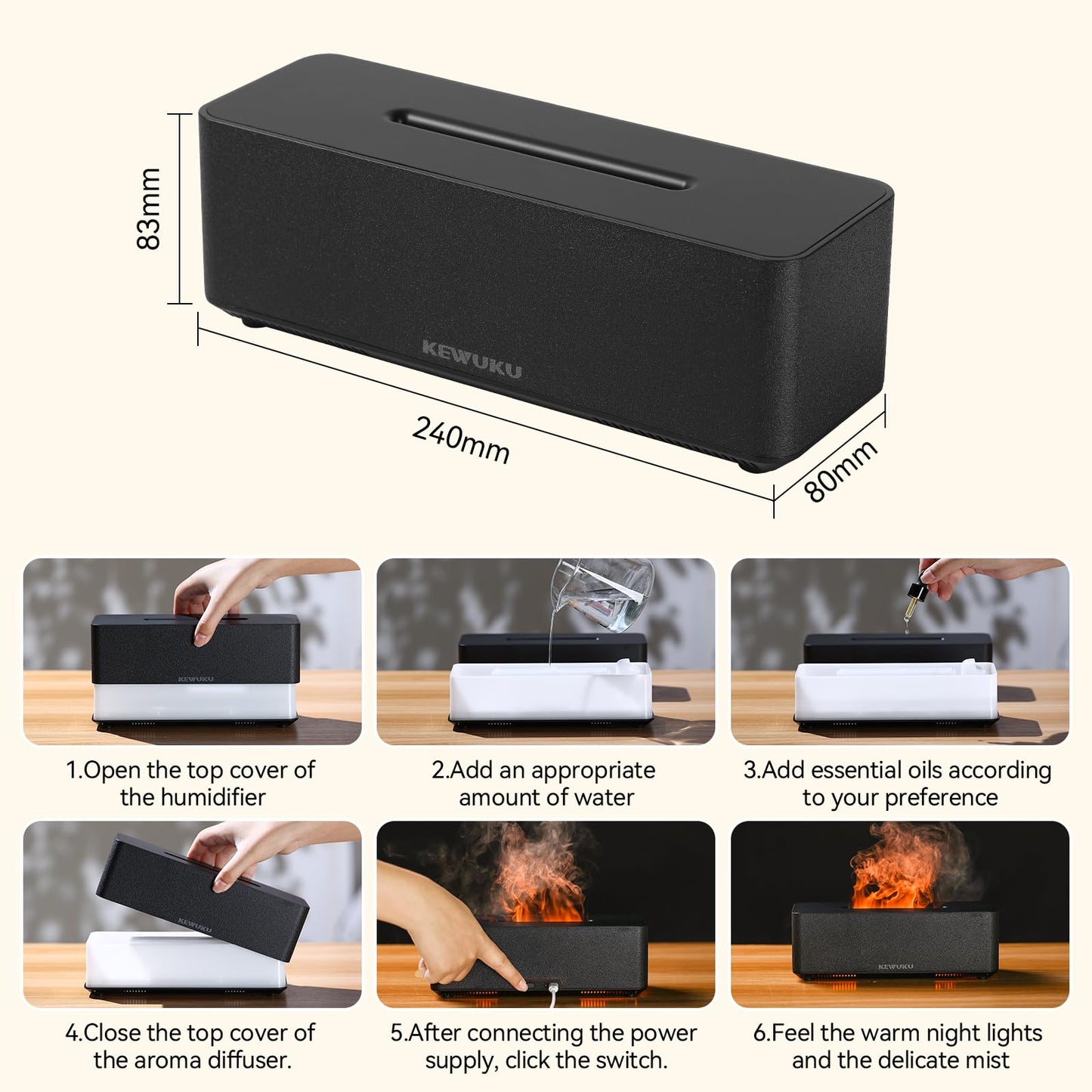 KEWUKU 10oz Essential Oil Diffuser & Humidifier – Flickering Flame, Quiet Ultrasonic