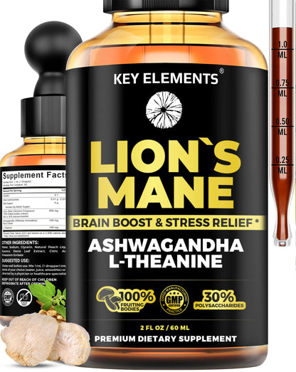 KEY ELEMENTS Lions Mane Extract for Memory, Focus & Brain Health – Tincture with Ashwagandha & L-Theanine