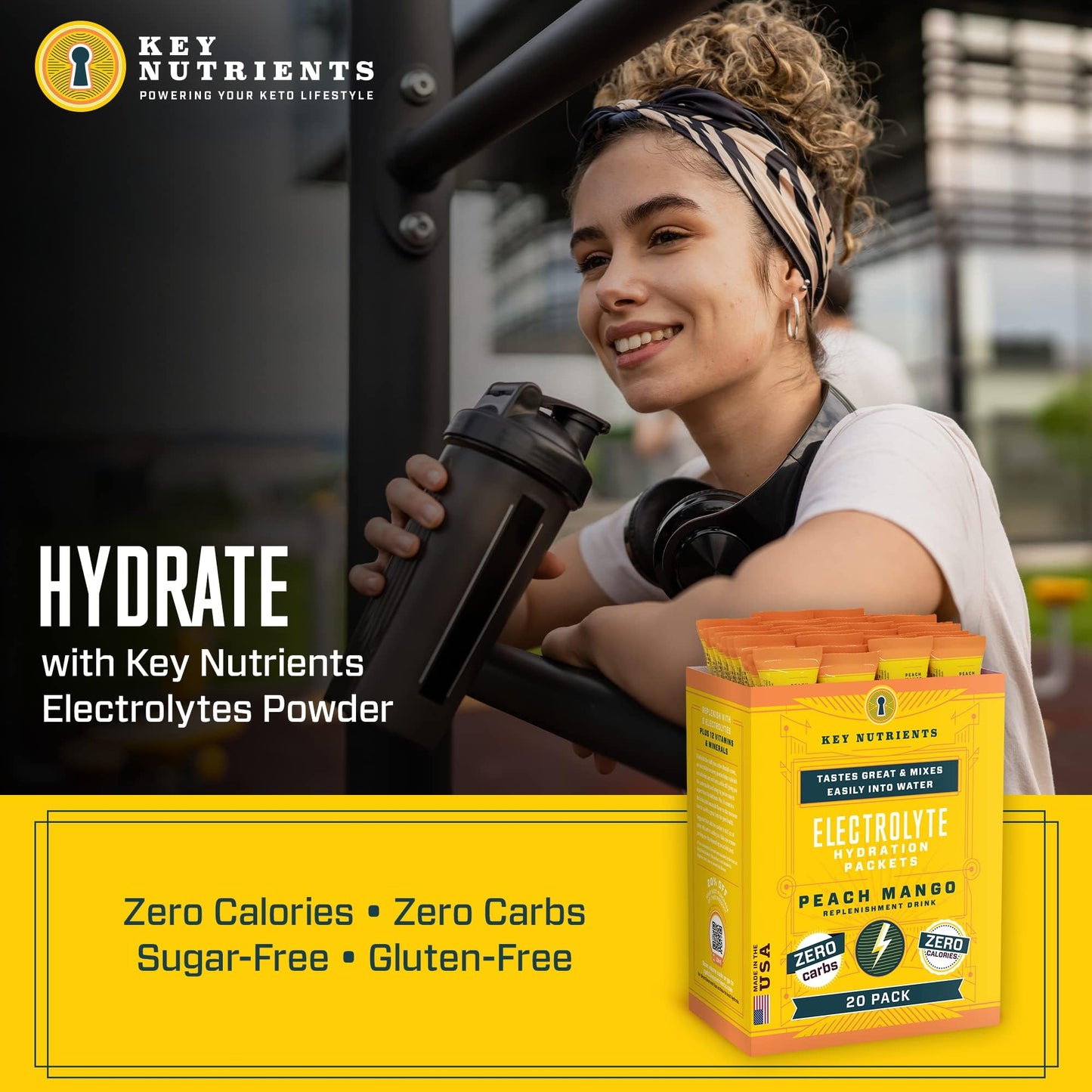 KEY NUTRIENTS Electrolytes Powder Packets – Tropical Peach Mango 20 Pack | No Sugar, Gluten Free, Made in USA