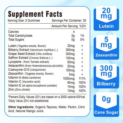 20mg Lutein & Zeaxanthin Gummies – Sugar Free Eye Health Supplement for Adults & Kids