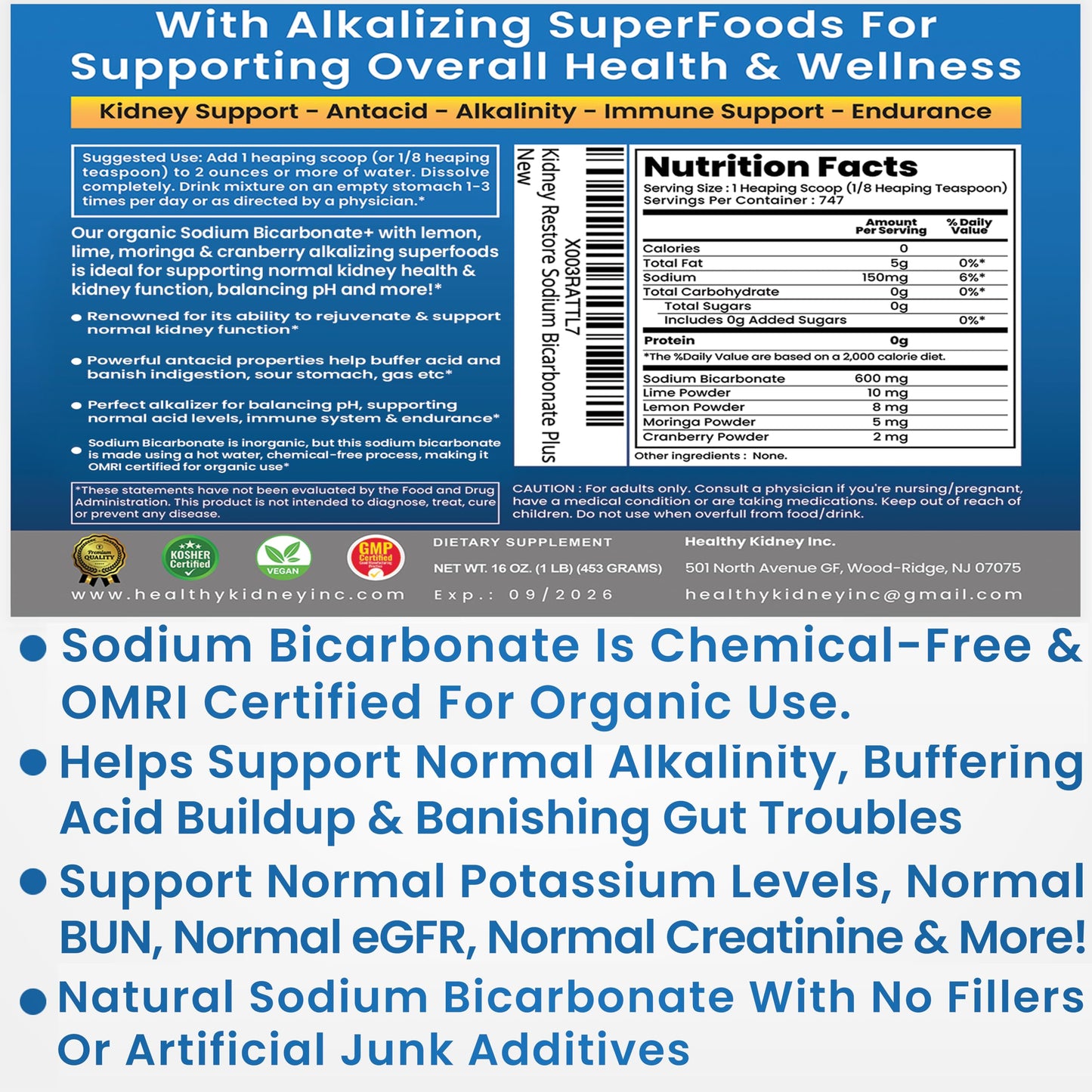 Kidney Restore Organic Sodium Bicarbonate Alkaline Supplement – Kidney Support & Stomach Neutralizer (1.5 lb)