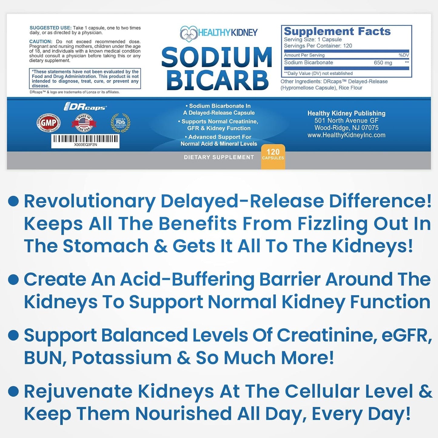 Kidney Restore Sodium Bicarbonate 650mg Capsules | Delayed Release for Kidney Support | 30 Capsules