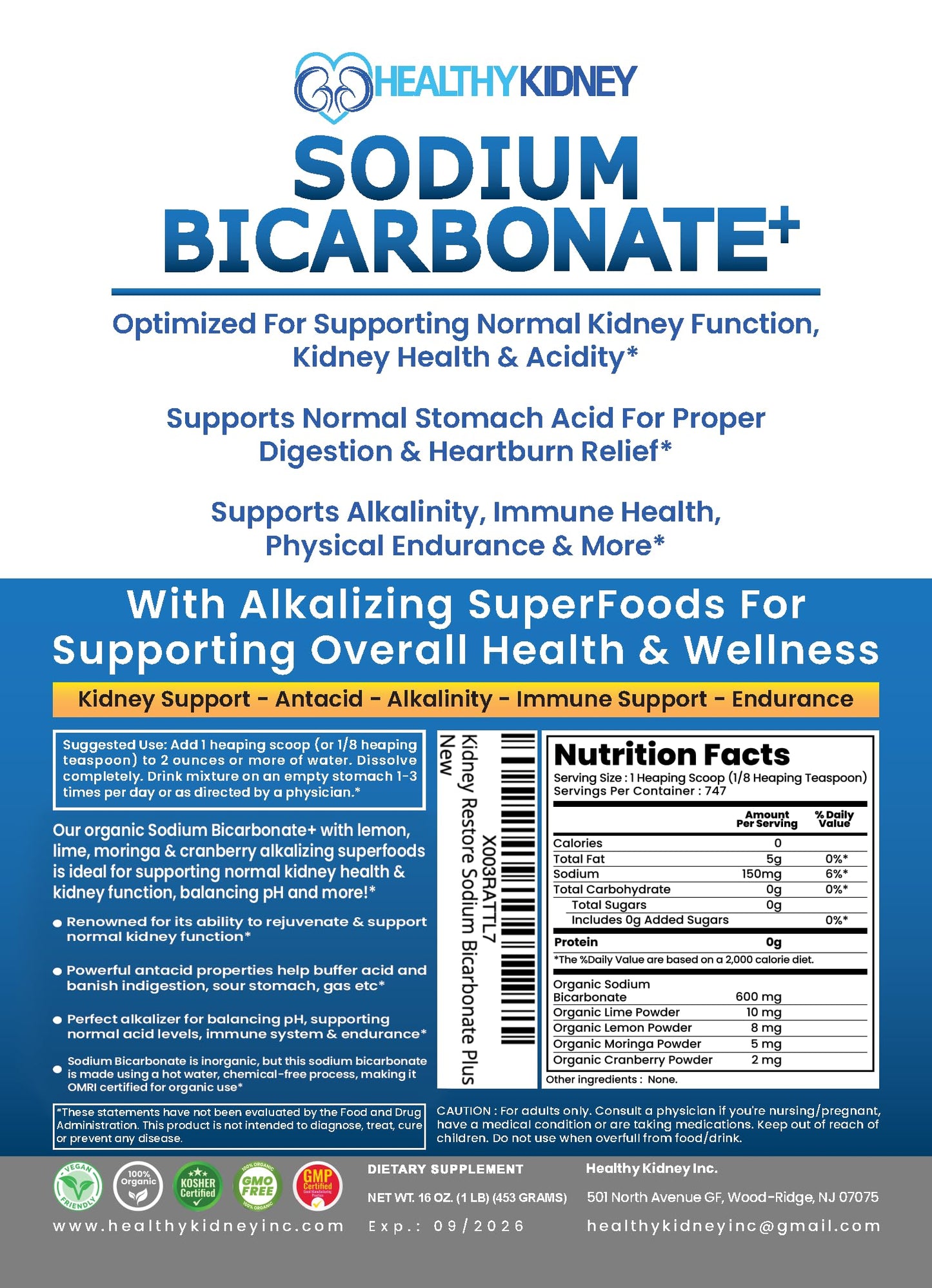 Kidney Restore Organic Sodium Bicarbonate Alkaline Supplement – Kidney Support & Stomach Neutralizer (1.5 lb)
